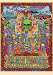 Detailed vector illustration featuring skeletal mariachi figures, vintage cars, and a skull motif by Ben Brown.