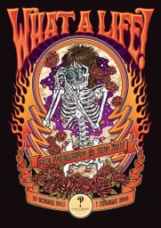 Colorful illustration of a skeleton holding a vintage camera, surrounded by roses and flames against a black background.