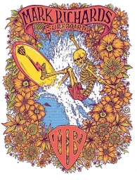 Colorful illustration of a skeleton surfing on a yellow surfboard surrounded by vibrant orange flowers and tropical foliage
