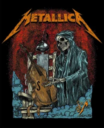 Illustration by Ben Brown featuring a hooded skeleton standing beside an upright bass and an electric chair against a textured background.