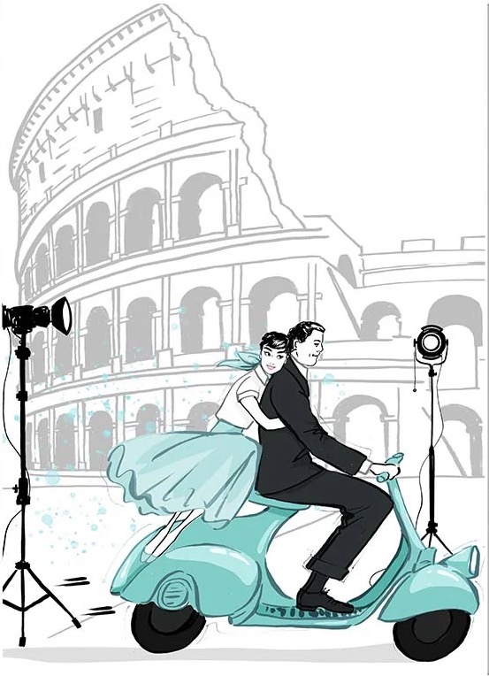 Illustration of a couple riding a scooter in front of the Colosseum, with studio lighting visible, rendered in a whimsical, vintage style.