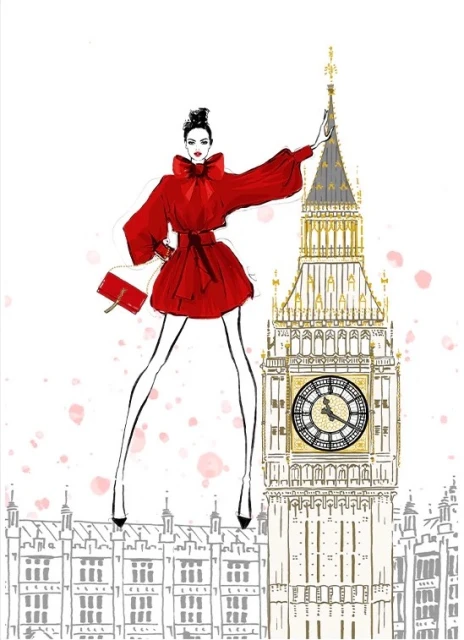Fashion illustration featuring a woman in a red dress and heels, standing next to the Big Ben clock tower in London against a white background.