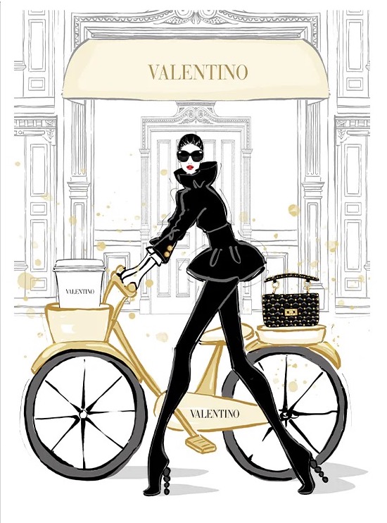 Illustration of a woman in black pushing a gold bicycle with a Valentino coffee cup and purse near a Valentino store entrance.