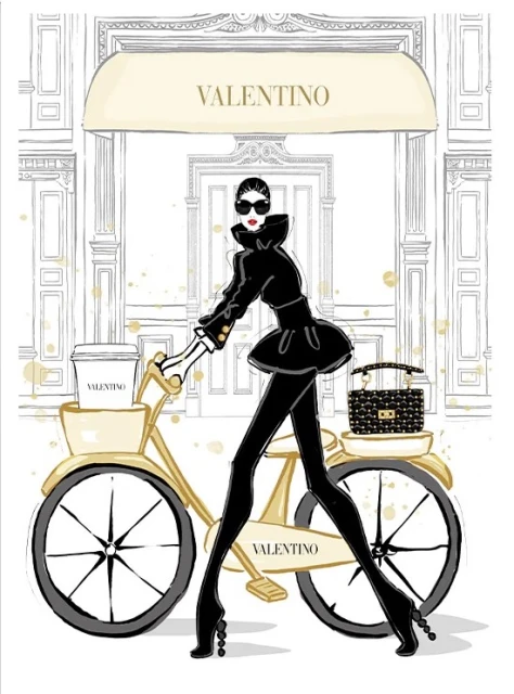 Illustration of a woman in black pushing a gold bicycle with a Valentino coffee cup and purse near a Valentino store entrance.