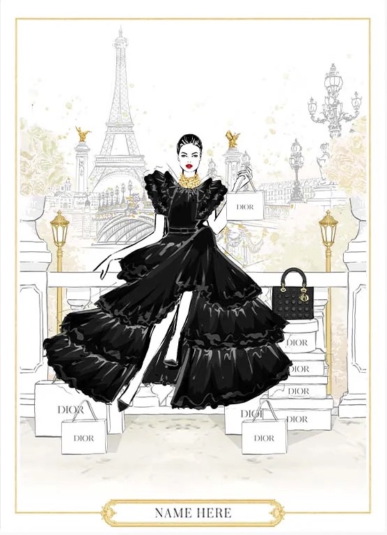 Illustration of a woman in a black tiered gown with shopping bags and a purse, set against a backdrop of the Eiffel Tower in Paris.