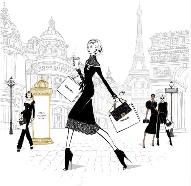 Fashion illustration featuring a stylish woman in a black dress holding shopping bags in a stylized Paris setting with the Eiffel Tower.