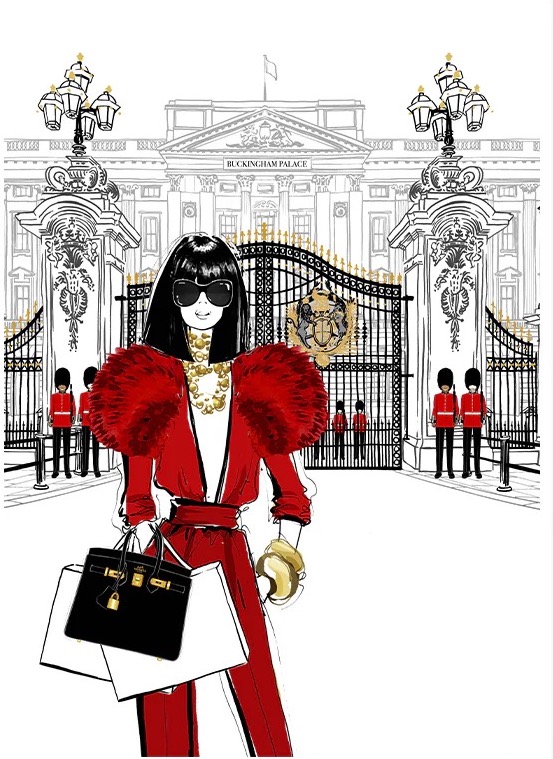 Illustration of a woman in a red outfit with shopping bags in front of Buckingham Palace with guards in the background.