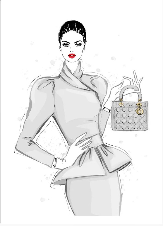 Illustration of a fashionable woman in a gray dress holding a quilted purse with gold hardware against a white background.
