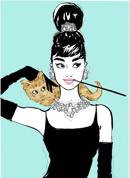 Stylized illustration of a woman in a black dress, large jewelry, and tall updo, with a cat over her shoulder on a blue background.