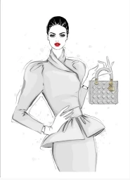 Fashion illustration of a woman in a grey high-neck peplum dress holding a quilted handbag by illustrator Megan Hess.