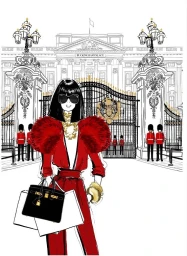 Fashion illustration by Megan Hess of a woman in a red outfit holding a black handbag in front of Buckingham Palace.