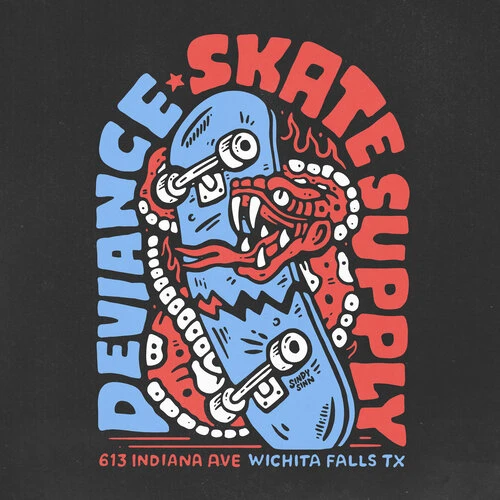 Illustration of a blue cracked skateboard pierced by a red cartoon serpent on a black background with brand and address text.