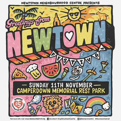 Colorful illustration promoting the Newtown Neighbourhood Centre Festival, featuring illustrated text, food, sun, palm tree, and rainbow.