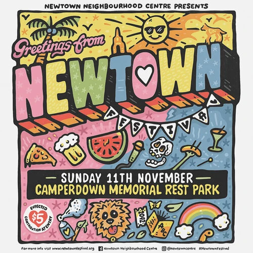 Colorful illustration promoting the Newtown Neighbourhood Centre Festival, featuring illustrated text, food, sun, palm tree, and rainbow.
