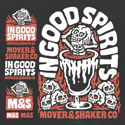 Digital illustration of a skull in a cocktail glass with flames and text: IN GOOD SPIRITS, MOVER&SHAKER CO. Graphic design in red and white.