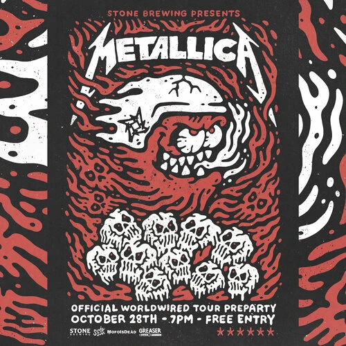 Metallica concert poster featuring a skull creature, band name, and tour info in red, white, and black. Rock music promotional art.