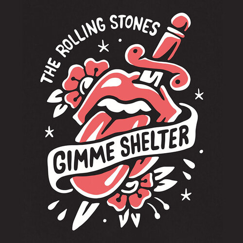 Illustration featuring The Rolling Stones logo: the iconic tongue and lips, pierced by a dagger, surrounded by flowers and stars.