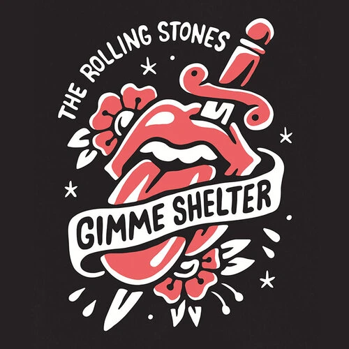 Illustration featuring The Rolling Stones logo: the iconic tongue and lips, pierced by a dagger, surrounded by flowers and stars.
