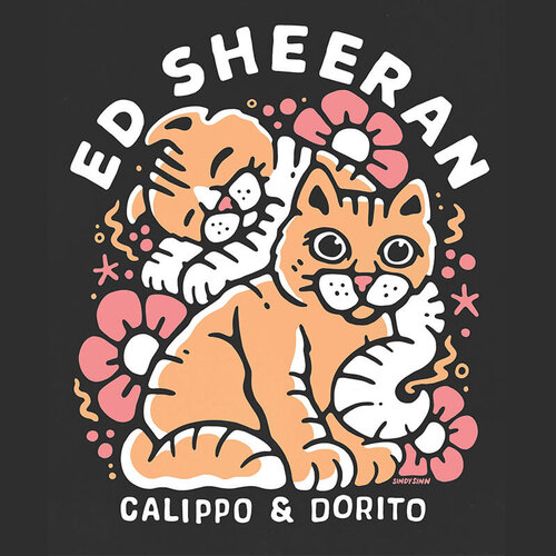 Whimsical illustration featuring two cartoon cats surrounded by flowers, with 'Ed Sheeran' and the names 'Calipo & Dorito' in bold text.