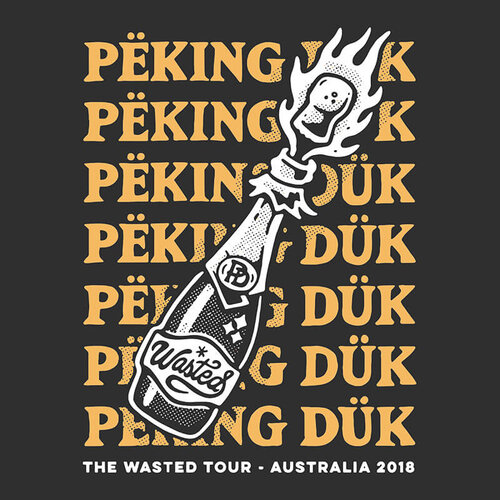 Illustration of a stylized flaming liquor bottle for Peking Duk's 'The Wasted Tour - Australia 2018', set against a muted brown background.