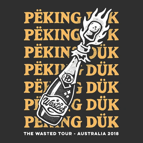 Illustration of a stylized flaming liquor bottle for Peking Duk's 'The Wasted Tour - Australia 2018', set against a muted brown background.