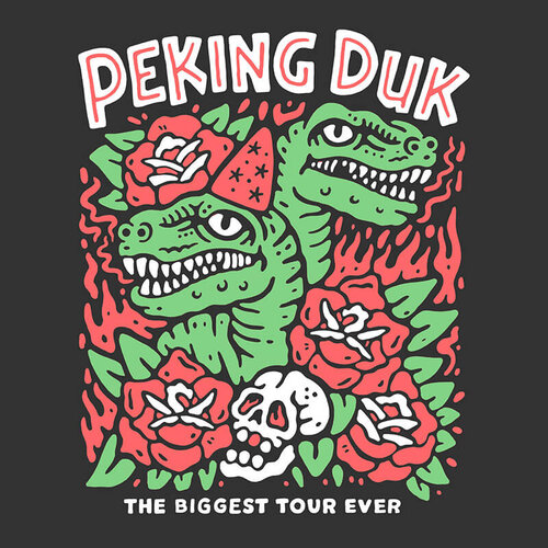 Whimsical illustration featuring two green dinosaur heads adorned with red roses, a skull, and the text 'Peking Duk: The Biggest Tour Ever'.