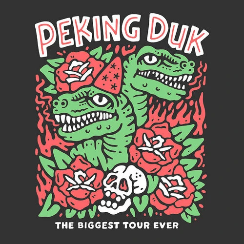 Whimsical illustration featuring two green dinosaur heads adorned with red roses, a skull, and the text 'Peking Duk: The Biggest Tour Ever'.