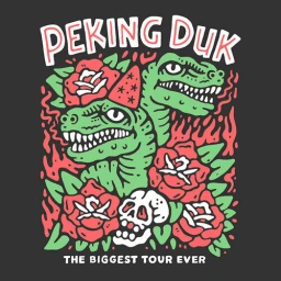 Illustration by Sindy Sinn featuring green dinosaurs, red roses, and a white skull on a dark background.