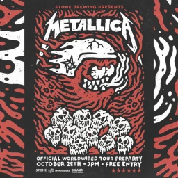 Metallica tour poster illustration by Sindy Sinn featuring a winged skull, flames, and a pile of smaller skulls in red and white on black.