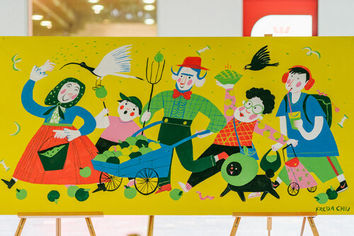 Whimsical illustration of people harvesting apples in a bright yellow scene featuring stylized figures, farm tools, and a dog.