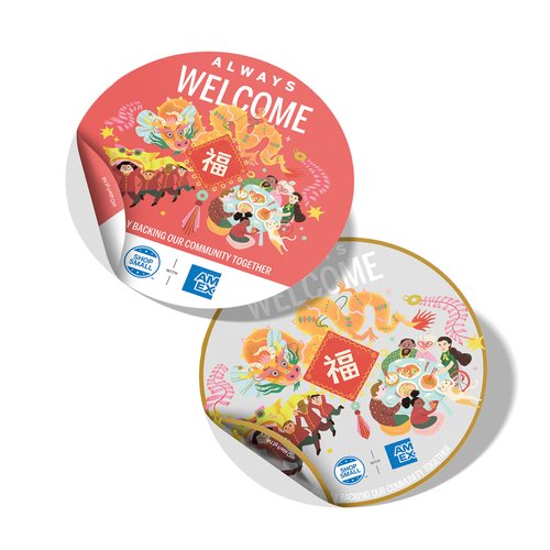 Two round stickers with colorful illustrations of a dragon, people, and food on a light background, symbolizing a warm welcome.