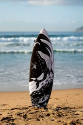 Illustrated surfboard featuring black and white marine artwork planted upright in sand on a sunny beach.