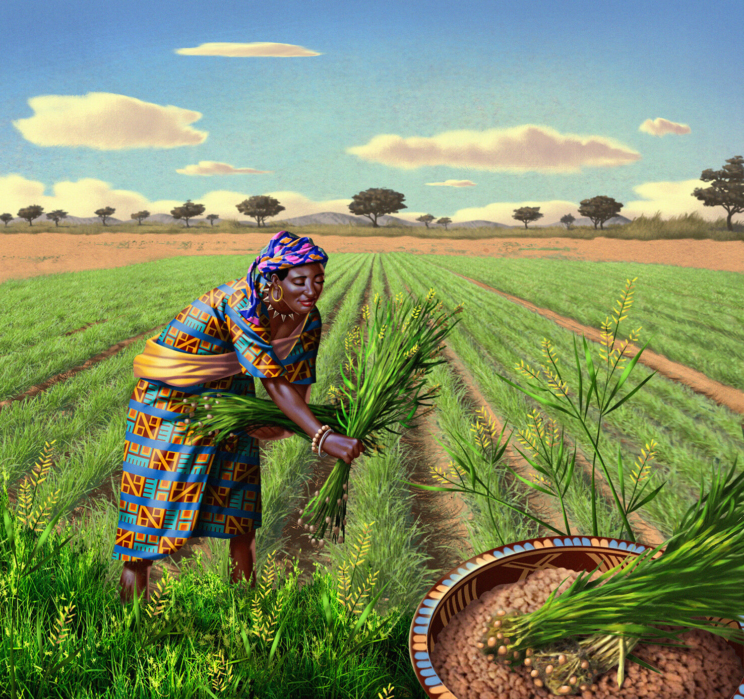 Illustration of an African woman harvesting crops in a rural field, with a basket, trees, and cloudy blue sky visible in the background.
