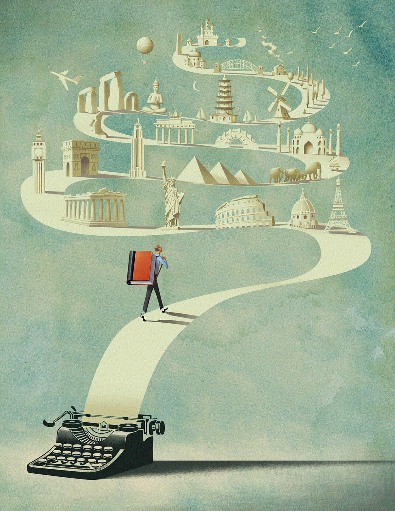 Illustration of a man walking on a paper road from a typewriter with world landmarks, symbolizing travel and writing.