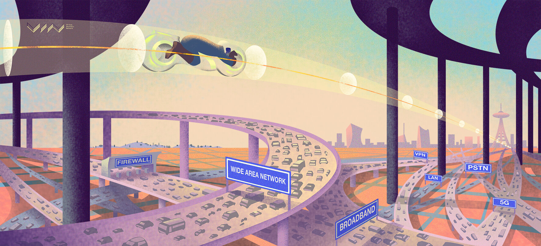 Futuristic illustration of a vehicle on elevated highways above a cityscape, representing networked technology and broadband access.