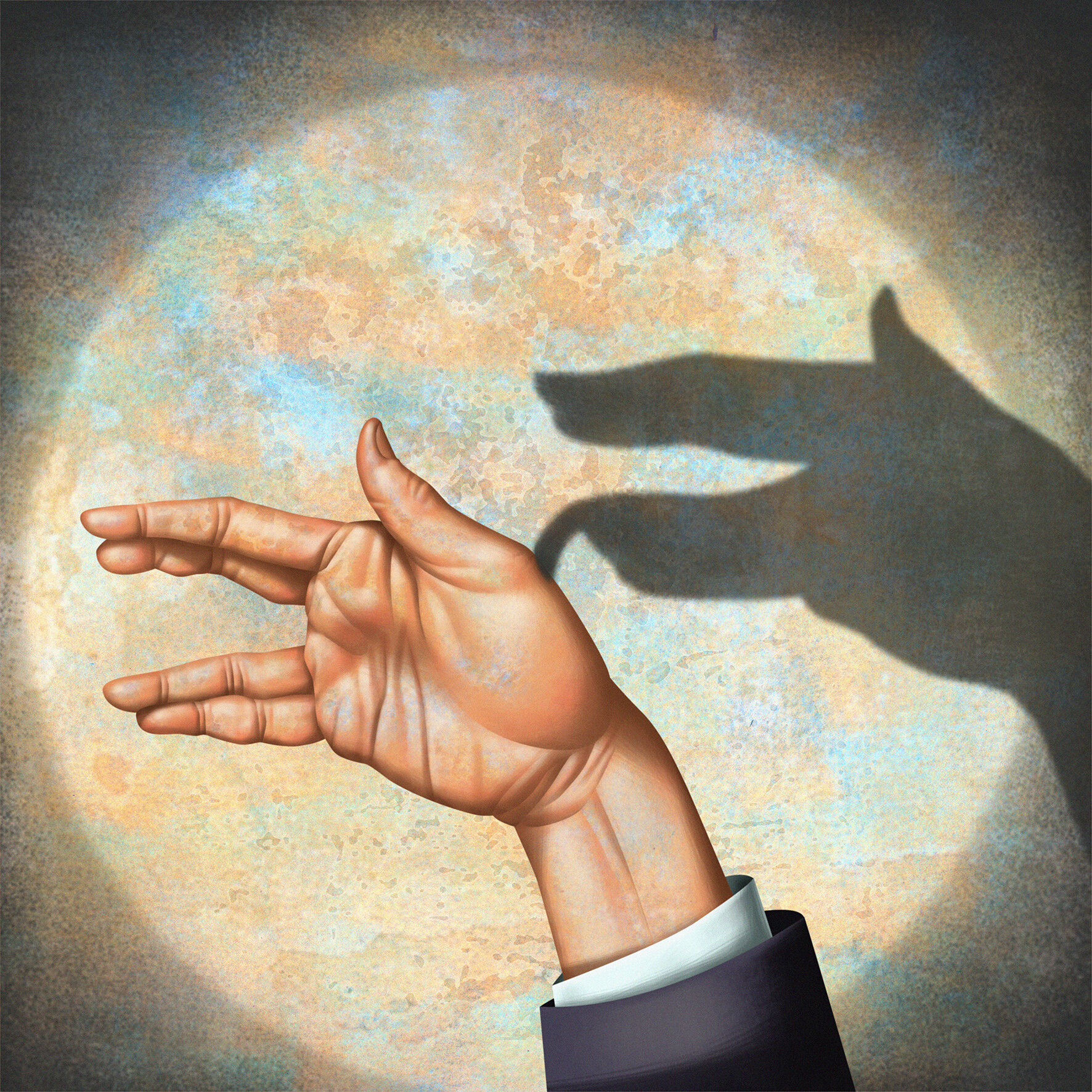 Illustration of a hand casting a shadow puppet of a dog, depicted with textured brushstrokes and in a spotlight.