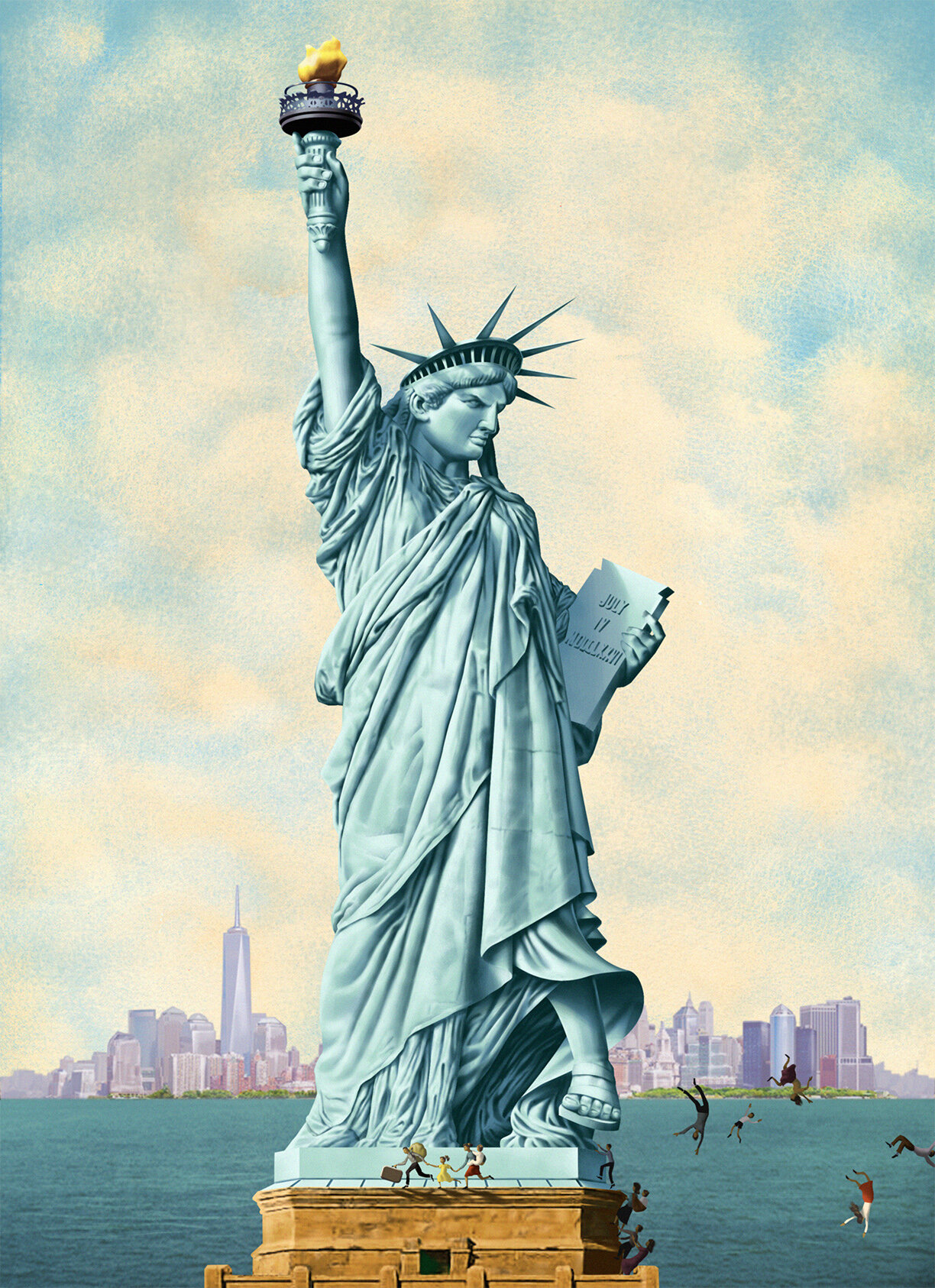 Statue of Liberty illustration against a cloudy sky and skyline, showing crowds assembling, some falling into the water.