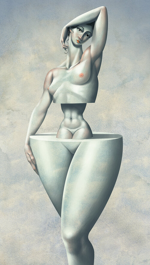 Surreal painting of nude female torso and legs in white with red lips, arm raised, against a cloudy bluish-gray background.