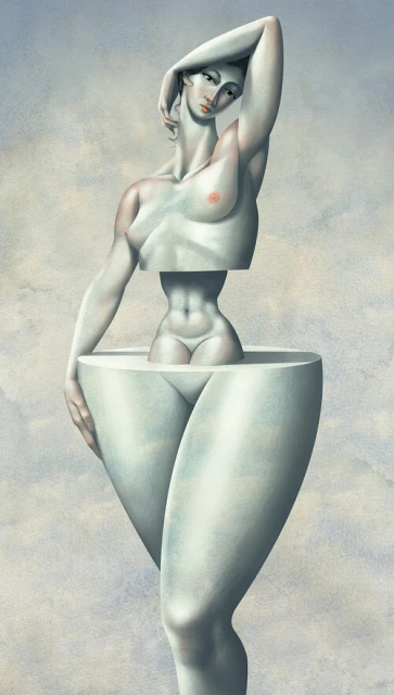 Surreal painting of nude female torso and legs in white with red lips, arm raised, against a cloudy bluish-gray background.
