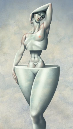 Surreal painting of nude female torso and legs in white with red lips, arm raised, against a cloudy bluish-gray background.