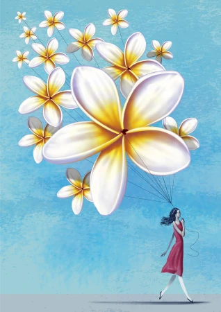 Illustration of a woman in a red dress walking while holding strings attached to large white and yellow plumeria flowers floating like balloons.