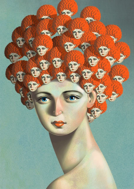 Illustration of a woman with a head of red, curly hair composed of multiple smaller female faces, set against a light blue backdrop.