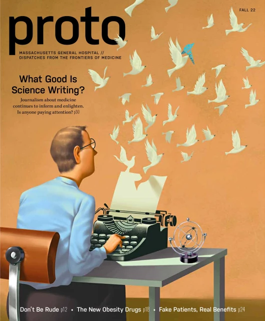 Conceptual book cover art featuring a person typing on a typewriter with paper birds flying out of it, symbolizing medical writing.
