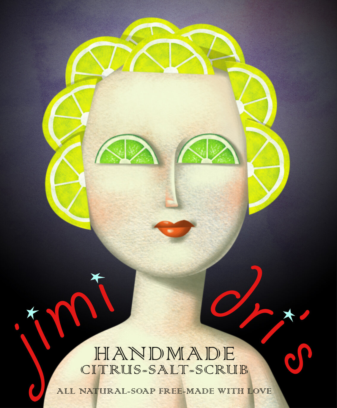 Stylized beauty illustration of a face with lime-slice hair and eyes, advertising handmade citrus salt scrub on a black background.