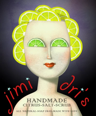 Stylized beauty illustration of a face with lime-slice hair and eyes, advertising handmade citrus salt scrub on a black background.