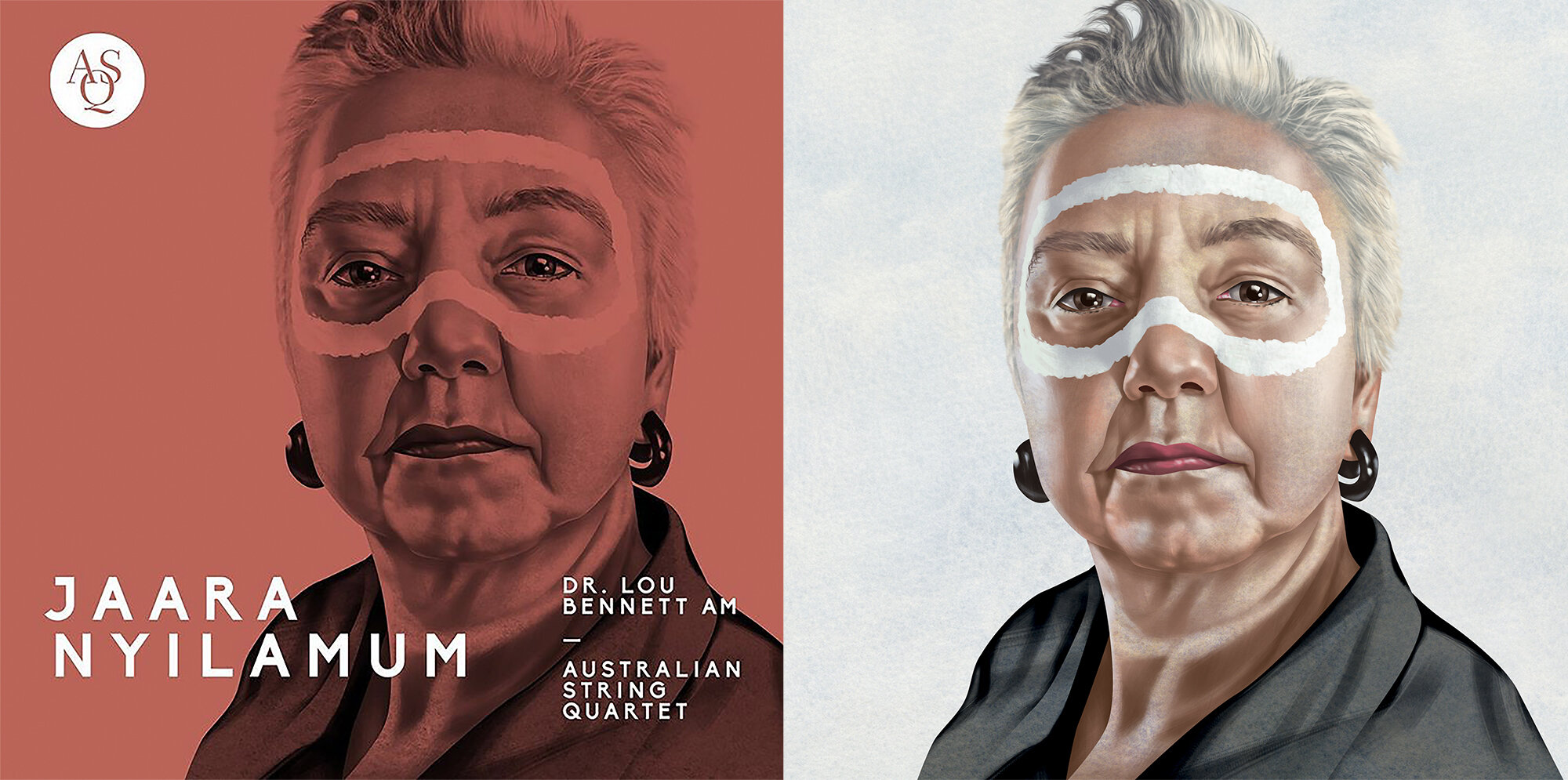 Portrait of an older adult female with white face paint and black earrings. The image is split, showing two versions with different coloring.
