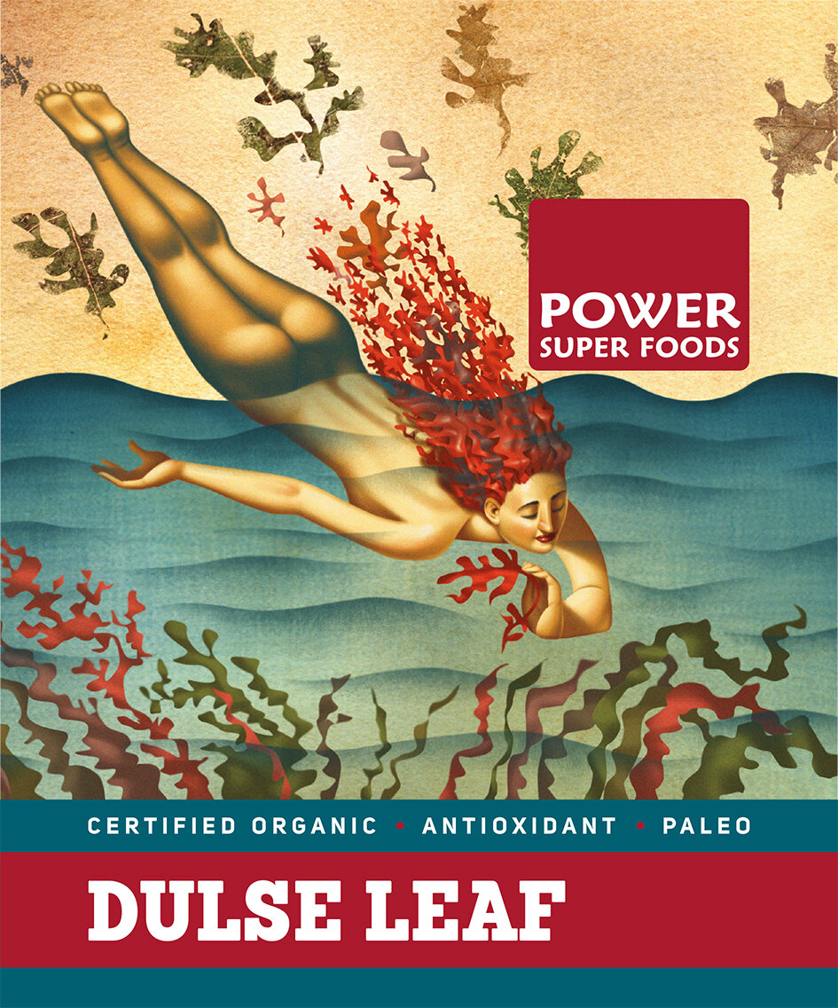 Illustration of a woman diving into water surrounded by seaweed and text promoting Dulse Leaf, a certified organic superfood.