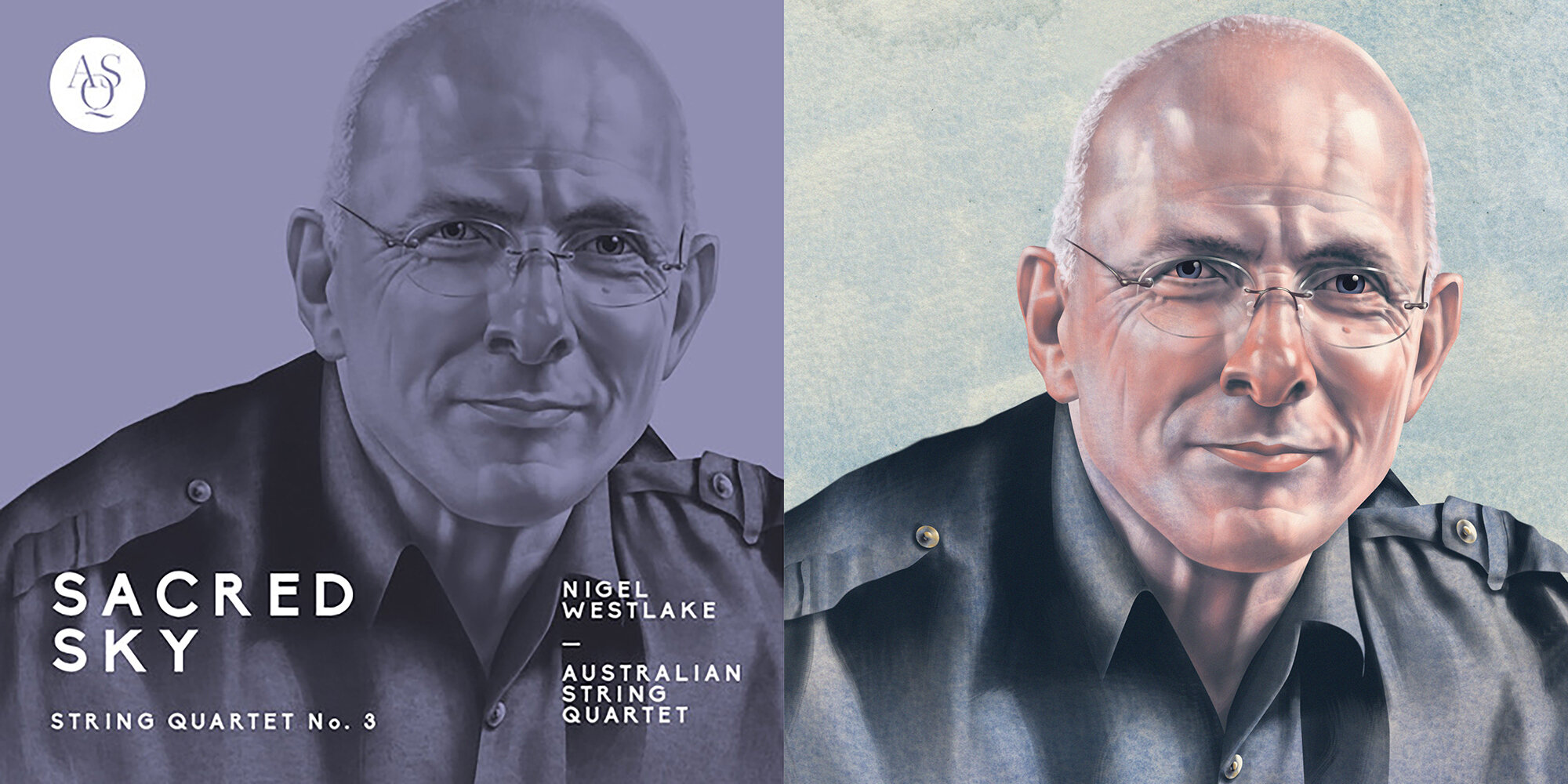 Illustration portrait of a bald man wearing glasses and a dark buttoned shirt by Jim Tsinganos