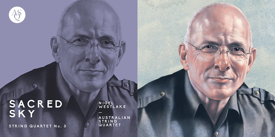 Illustration portrait of a bald man wearing glasses and a dark buttoned shirt by Jim Tsinganos