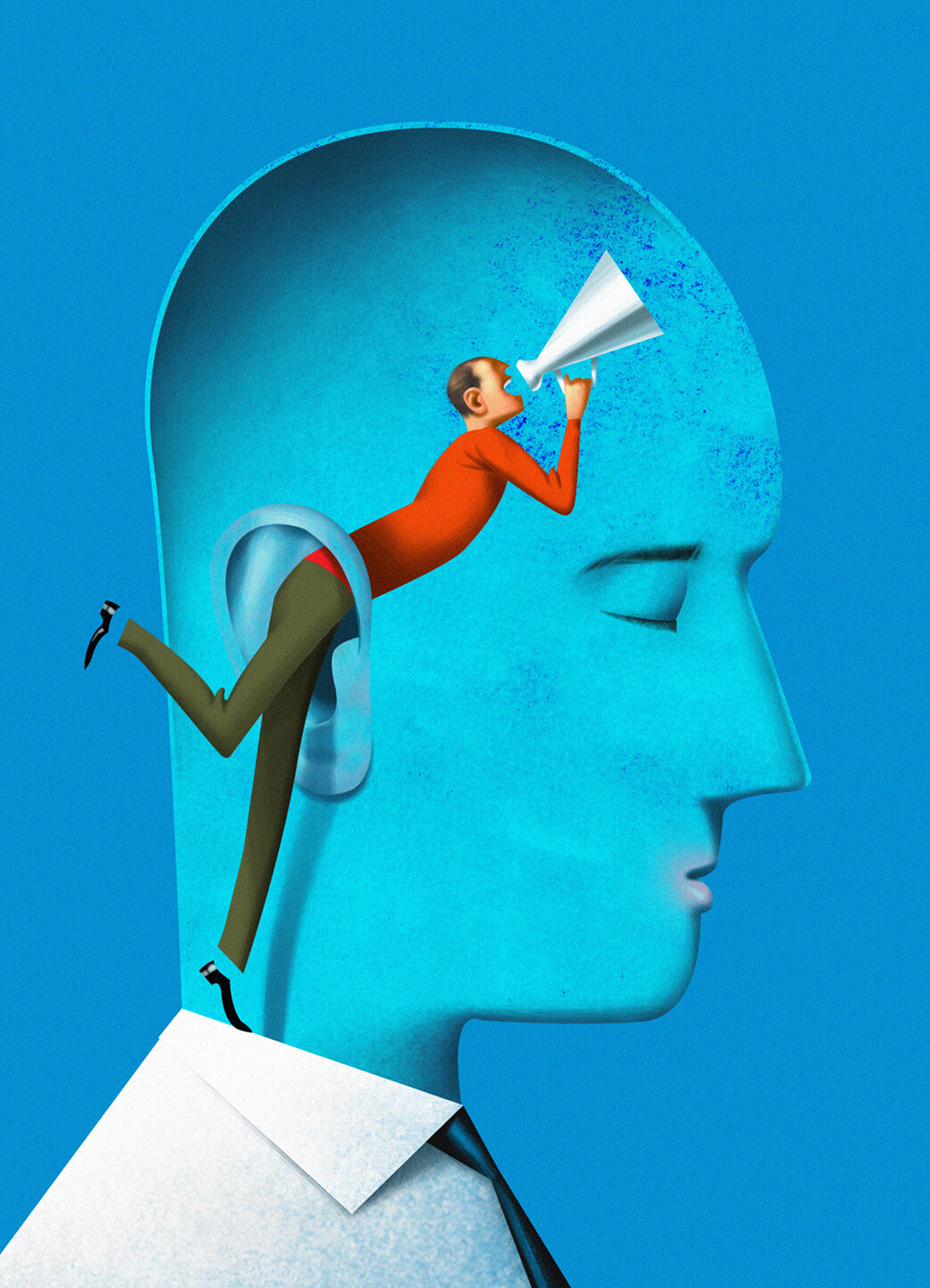 Conceptual digital artwork features a man shouting into a megaphone inside a head, representing communication or hearing issues.
